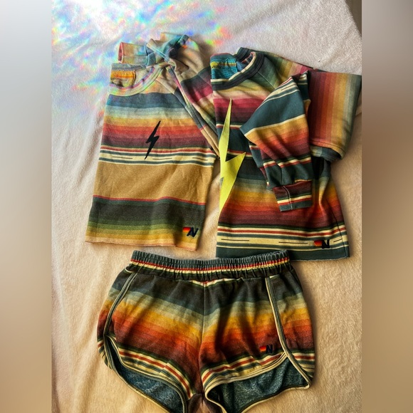 Aviator Nation Cropped Sweatshirt Neon Bolt Stitch Blue Tulum Serape Print - Picture 5 of 5